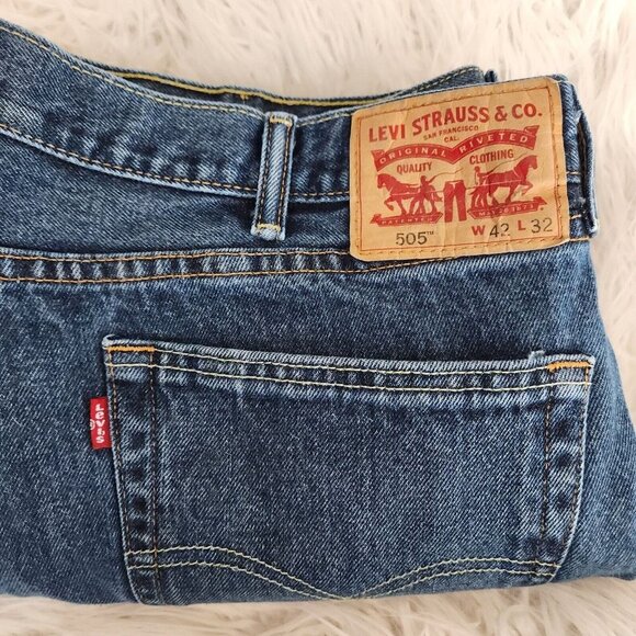 Levi's 505 Mens Jeans 42x32 Blue‎ Denim Logo Straight Leg Flat Front - Picture 12 of 13